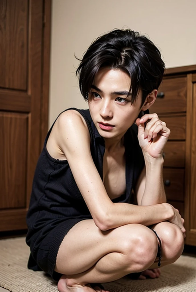 Look into the eyes, Look at me Look at me, Look at me, Look at me, Eye contact, Front of face, Front face, face, Cross-legged, indoor, Brown Hair, bangs, Sweat, clavicle, shoulder, Cross-legged, chest, Earrings, Skin Moisture, Look at me, Private room, Looking down, belt, Abdominal muscles, Tattoo, Tattoo, tattoo, tattoo, (Jacket naked,Black trousers:1.5)