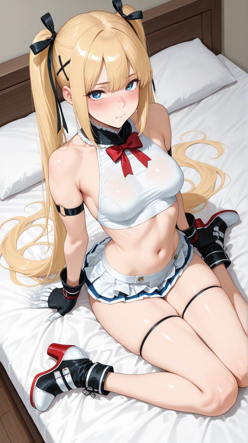 Shiny blond hair, very long hair, sophisticated haircut, ((((hair fully braided)))), ((small twisted braids)), thin and oval face, submissive, (((gagged))), ((((black tight corset)))), ((((tight skirt)))), cute and blushing 18 years old anime girl, look away because she is embarrassed and blushes, bright blue eyes, detailed face, detailed members, detailed arms, detailed hands, ((((sparkling diamond jewelry)))), tiara, ((makeup)), high heels, puffy sleeves, long gloves, long eyelashes, Girl lying, tied by ropes, shackled, can no longer move, tied tightly, very hard tied up with lots of ropes, hampered by so many ropes that she can no longer move, bound hands and feet, ropes tie his whole body, tied extremely tightly and forcefully to her bed by a lot of ropes, its limbs are strongly tied together by ropes, his torso is tied up with thick cords, her chest is so tied up with ropes that it sticks out, her legs are tied tightly with thick ropes, his hands are tied behind his back with ropes, she can no longer move her feet, her hands which are tied by thick ropes, she desperately tries to free herself, likes to be tied tight with big ropes, likes to be immobilized by big ropes, lying down, his hands and feet are strongly tied to the railing of his bed, his legs are pressed together and tied with ropes, its limbs are held vigorously by imposing ropes, her hands are tied securely behind her back by ropes, her chest is compressed by strong ropes, she is pressed against her bed and restrained by large ropes (shibari, arms behind the back:1.4), (hands on the back), (masterpiece, best quality) 1.5, 1girl, solo, (sexy, beautiful woman, perfect face, perfect eyes, perfect hands), samus aran, (shibari, arms behind the back:1.4), (hands on the back), Spread the legs, s' ((lie in bed by big ropes)), ((close up of the girl)), ((((lie in bed))))