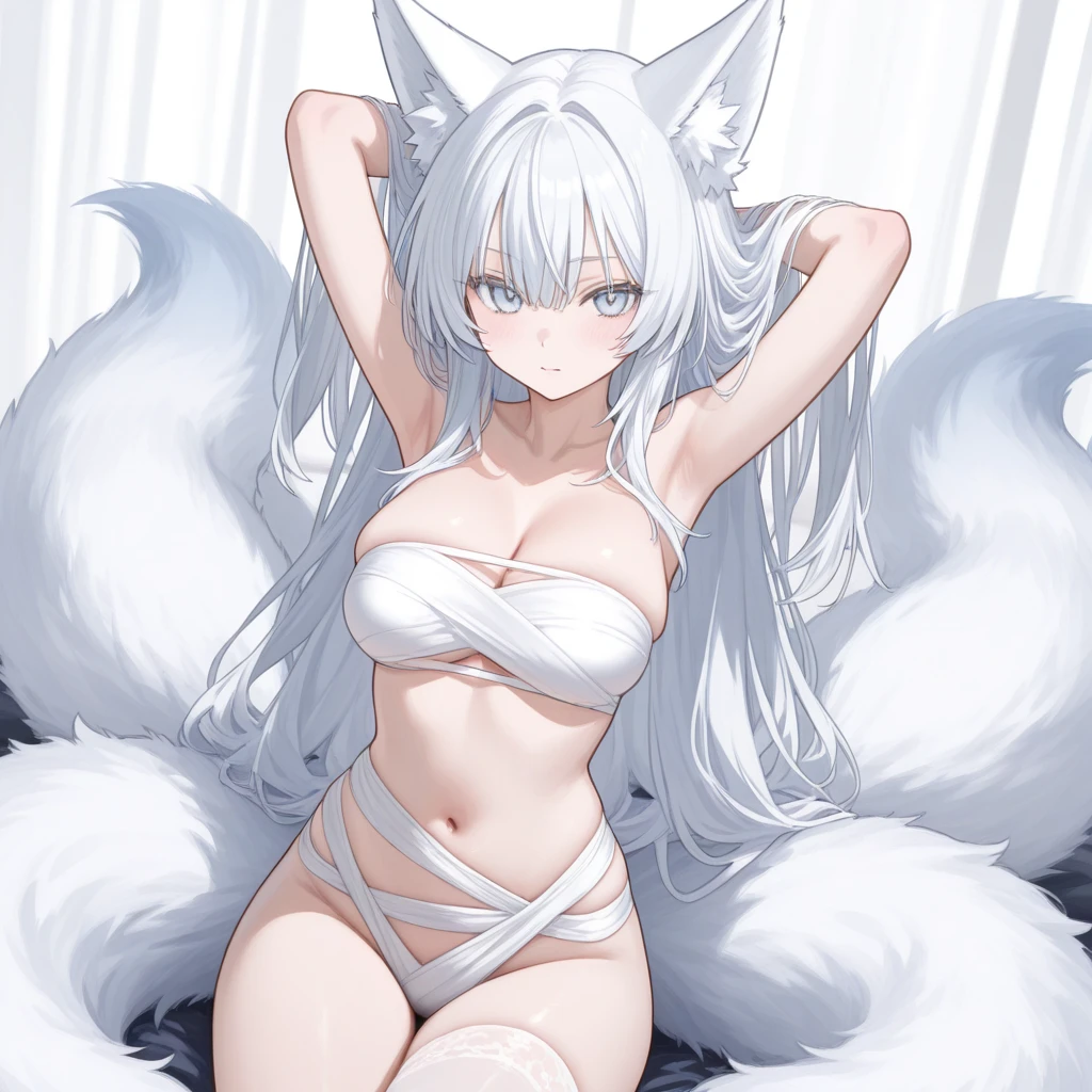 [One Fox Girl, Hot, Sexy Body, Blue and Red eyes, White Tiny Underwear, Romantic, Smile, eyes slightly closed, White Hair, Black and White Wings, Two Black Forehead Horns, Long Hair, Big Fox Ears, Two black and White Massive Fox Tails, Skinny, Perfect Boobs, Massive Boobs, Adult, Tall, Blushing, Happy, Big White Furr Collar, Abs, Legs apart, In Forest, Night, Sit On Bed, Silly, Blush, White Long Gloves Paws, White Long Socks Paws]