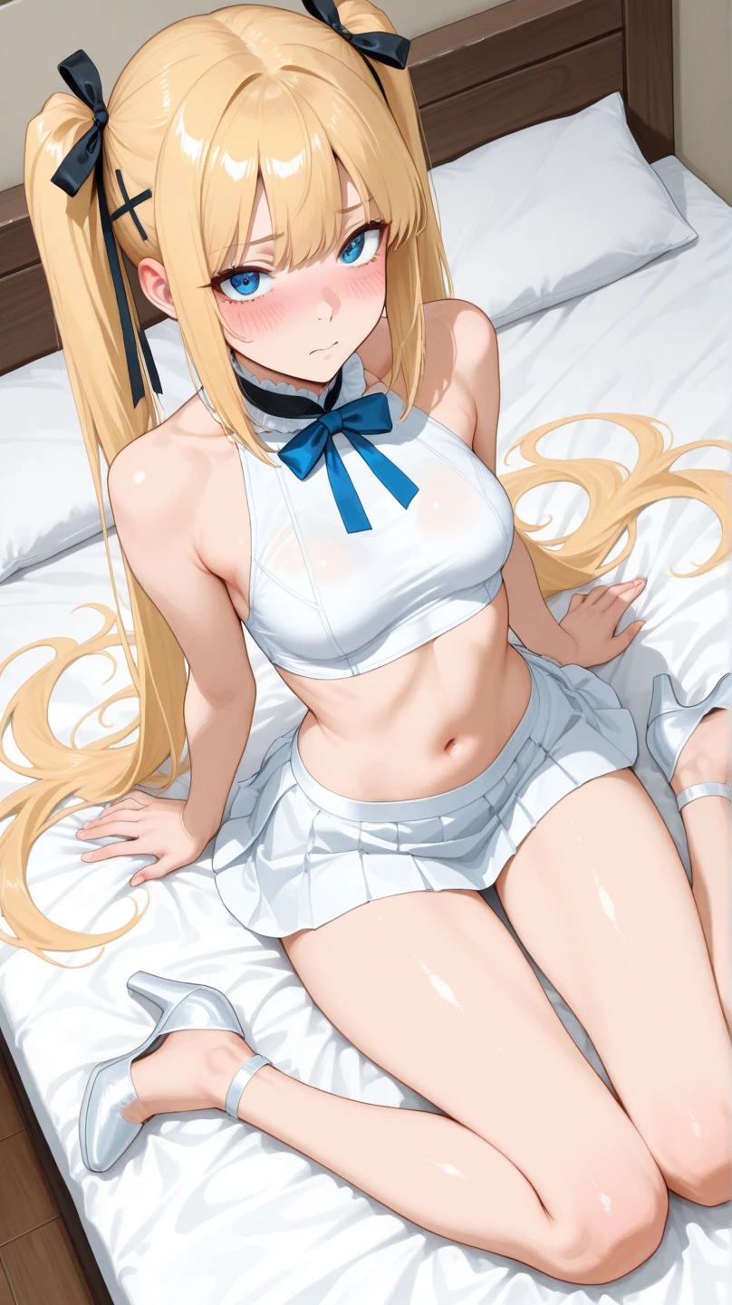 blonde hair, long hair, green eyes, happy, school uniform, short skirt, medium breast, cleavage, bed, slim legs, navel, open clothes, laying down