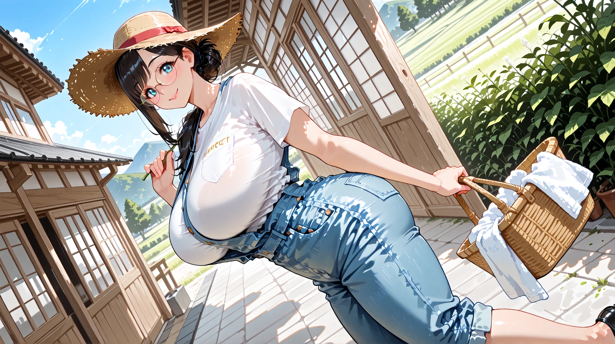 Art masterpiece, black hair girl, orange bandana, beautiful and perfectly detailed face with blue eyes smooth skin, slim and curvy body big round tits with slim waist wide hips legs spread, Nswf, shy smile, and wooden finish crossbar and environments with natural light