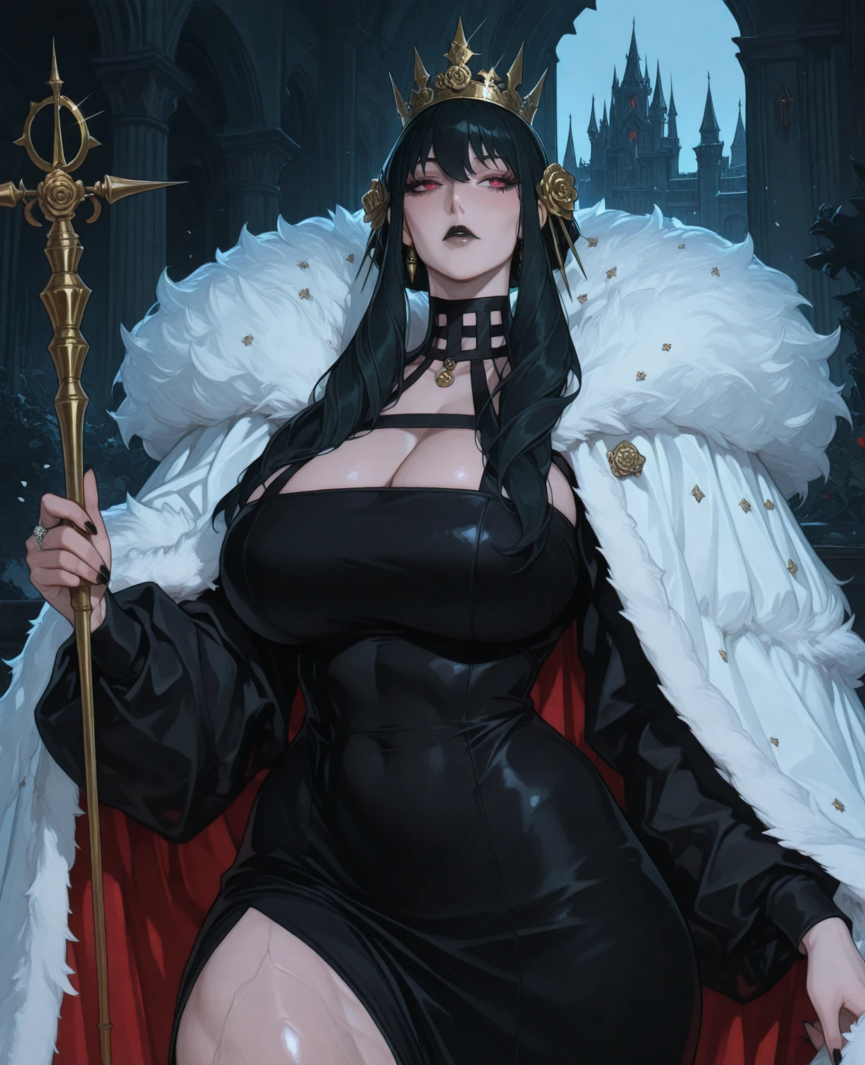 Score_9, score_8_above, score_7_above. Yor Briar, mature woman, two high pigtails, black hair, red eyes, black lips, huge breasts 1.3, hair ornaments, wide hips, super thick thighs, muscular woman, imperial crown with diamonds, standing, wrapped in a fluffy queen's cape, black dress, cleavage, queen's sceptre, dark and thorny castle in the background, solo. Masterpiece, best quality, (ultra-detailed), amazing quality, very aesthetic, illustration, perfect composition, intricate details, absurd, incredibly absurd.