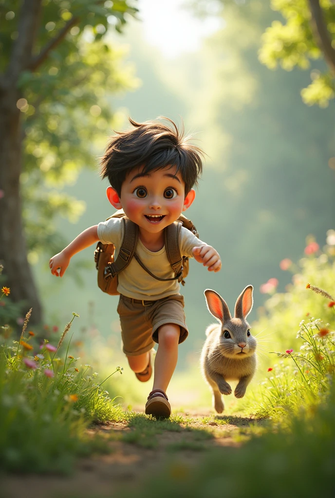 The boy suddenly, he saw a small rabbit that was trapped