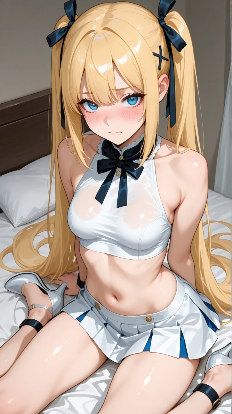 anime styled。illustratio。NSFW。Fantasia。Medieval Otherworlds。girl with。shrine maiden。Blue eyes。is in estrus。a blond。blondehair。White underwear。Autumn foliage。side poneyTail。small tit。flank。teats。Shy。is crying。red blush。Show off your panties。Spread your legs wide and lean back on the sofa:1.6。 nipples protruding from clothes,。Looking at the camera。 Low position shooting。cowboy shot。 Panties are wet。
