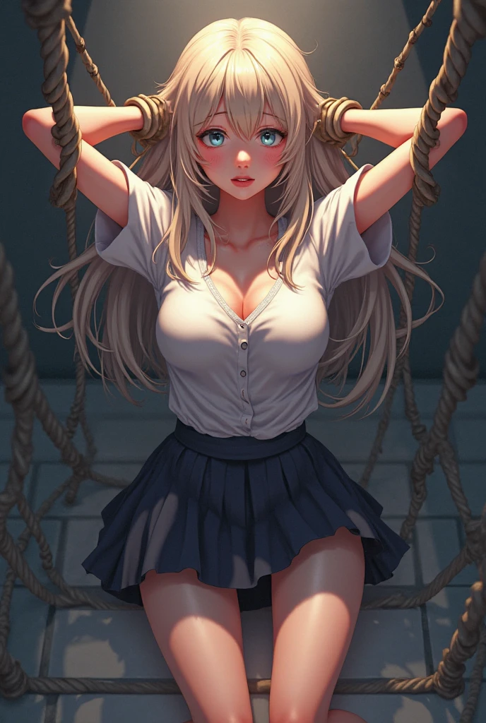 Shiny blond hair, very long hair, sophisticated haircut, ((((hair fully braided)))), ((small twisted braids)), thin and oval face, submissive, ((((tight wool crop top)))), ((((tight skirt)))), cute and blushing 18 years old anime girl, look away because she is embarrassed and blushes, bright blue eyes, detailed face, detailed members, detailed arms, detailed hands, Girl lying, tied by ropes, shackled, can no longer move, tied tightly, very hard tied up with lots of ropes, hampered by so many ropes that she can no longer move, bound hands and feet, ropes tie his whole body, tied extremely tightly and forcefully to her bed by a lot of ropes, its limbs are strongly tied together by ropes, his torso is tied up with thick cords, her chest is so tied up with ropes that it sticks out, her legs are tied tightly with thick ropes, his hands are tied behind his back with ropes, she can no longer move her feet, her hands which are tied by thick ropes, she desperately tries to free herself, likes to be tied tight with big ropes, likes to be immobilized by big ropes, lying down, his hands and feet are strongly tied to the railing of his bed, his legs are pressed together and tied with ropes, its limbs are held vigorously by imposing ropes, her hands are tied securely behind her back by ropes, her chest is compressed by strong ropes, she is pressed against her bed and restrained by large ropes, (shibari, arms behind the back:1.4), (hands on the back), (masterpiece, best quality) 1.5, 1girl, solo, (sexy, beautiful woman, perfect face, perfect eyes, perfect hands), samus aran, (hands on the back), Spread the legs, s' ((lie in bed by big ropes)), ((close up of the girl)), ((((lie in bed)))), ((((arms tied behind the back, Legs Tied,La fille est allongée sur le ventre, La fille est allongée sur le sol:1.5)))), ((((girl seen from behind:1.4)))), ((((girl lying down on her stomach:1.4)))), ((((Outstretched arms:1.5)))), ((((Detailed hands:1.5))))