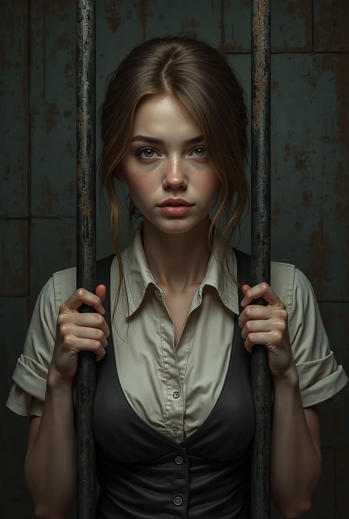 White woman with brown hair wearing tight jeans with belt, black t-shirt, handcuffed with her hands together and confused lying behind the bars of a dungeon 