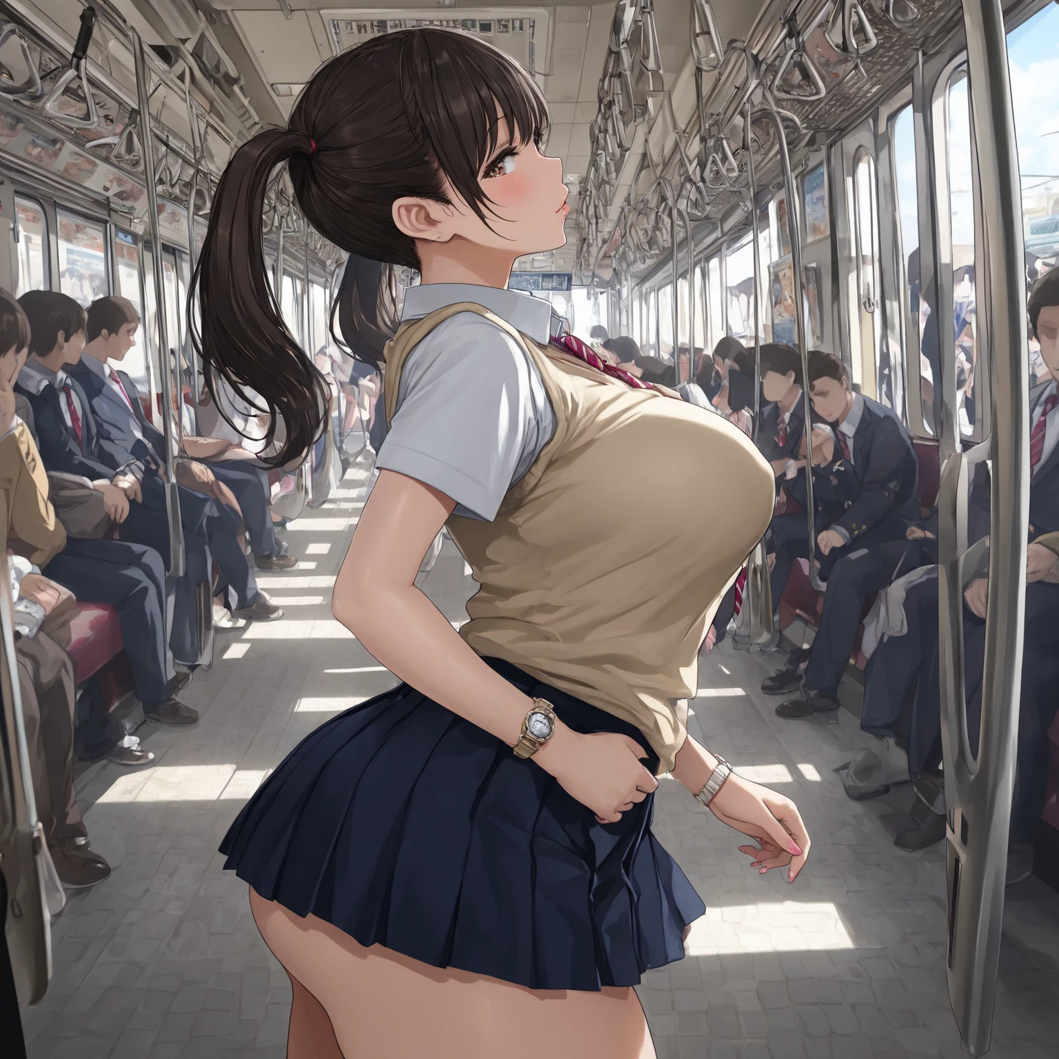 ((((realistic、masterpiece、highest quality)))),
((((from inside the skirt))))、(((Close-up of underwear from below)))、
long socks、((uniform clothes)),1girl,
(woman on the subway)、behind、((clean sharp focus, film photography))、
Colossal breasts underbreasts、((plump body,Muscular thighs))、jump
