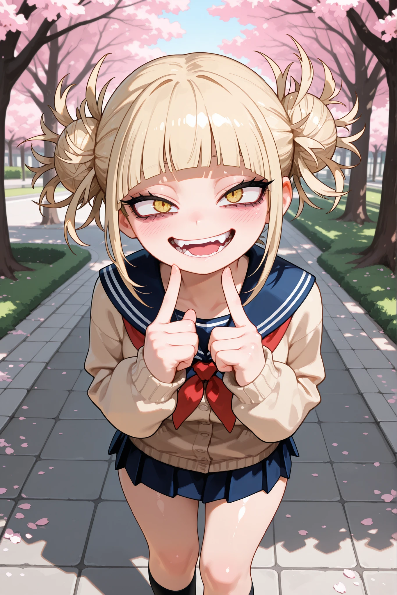 Masterpiece, best quality, amazing quality, one girl, solo, street, cowboy shot, shiny skin, perspective, Toga Himiko, yellow eyes, narrow pupils, blonde hair, side locks, short hair with bangs, narrow eyes, double bun, odango hair, messy hair, brown cardigan, blue sailor uniform, red neckerchief, mini skirt, blue skirt, pleated skirt, black socks, brown shoes, staring at viewer, ,open mouth, standing
, cutest smile, finger movement, outdoors, spring, cherry blossoms, park