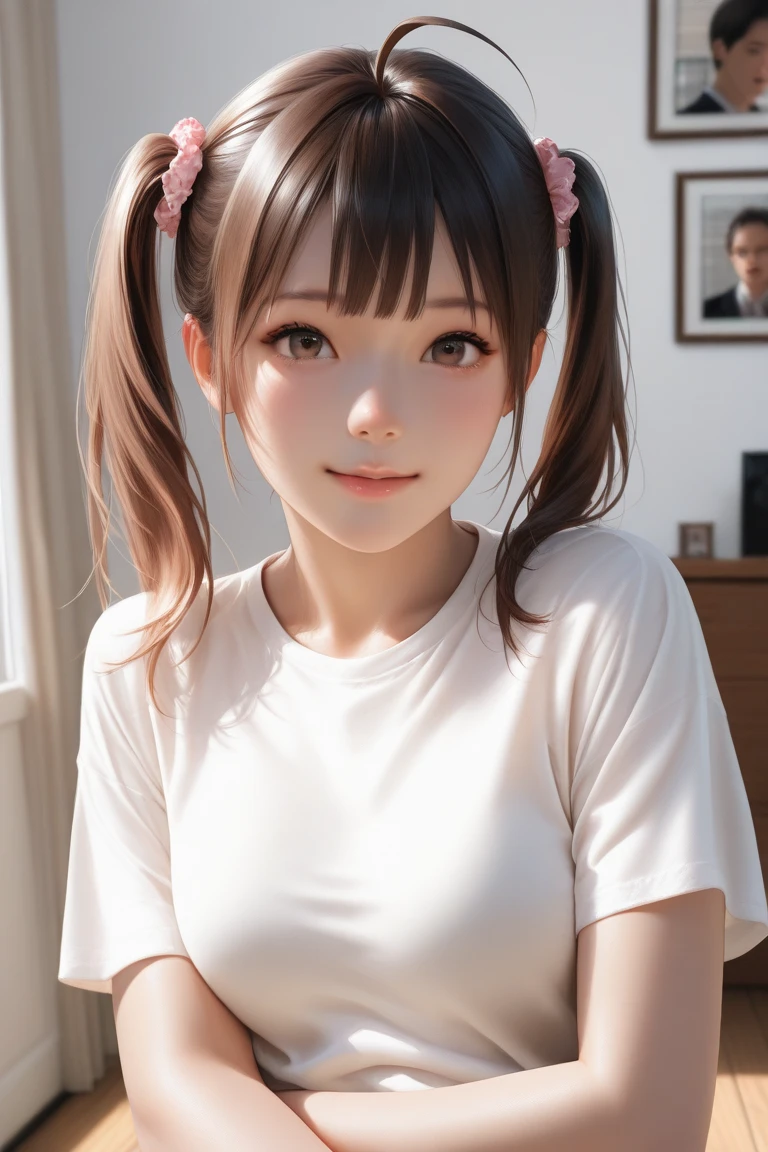 light brown hair, small,, Thick thighs, Symmetrical, Slim, ponytail, (((tight shirt))), (((Not panting))), felling, necklace, posture, Squashed, scantily clad, lean forward, garden, small路, that tree, flowering, Distant city in the background, looking at the audience, Sultry look