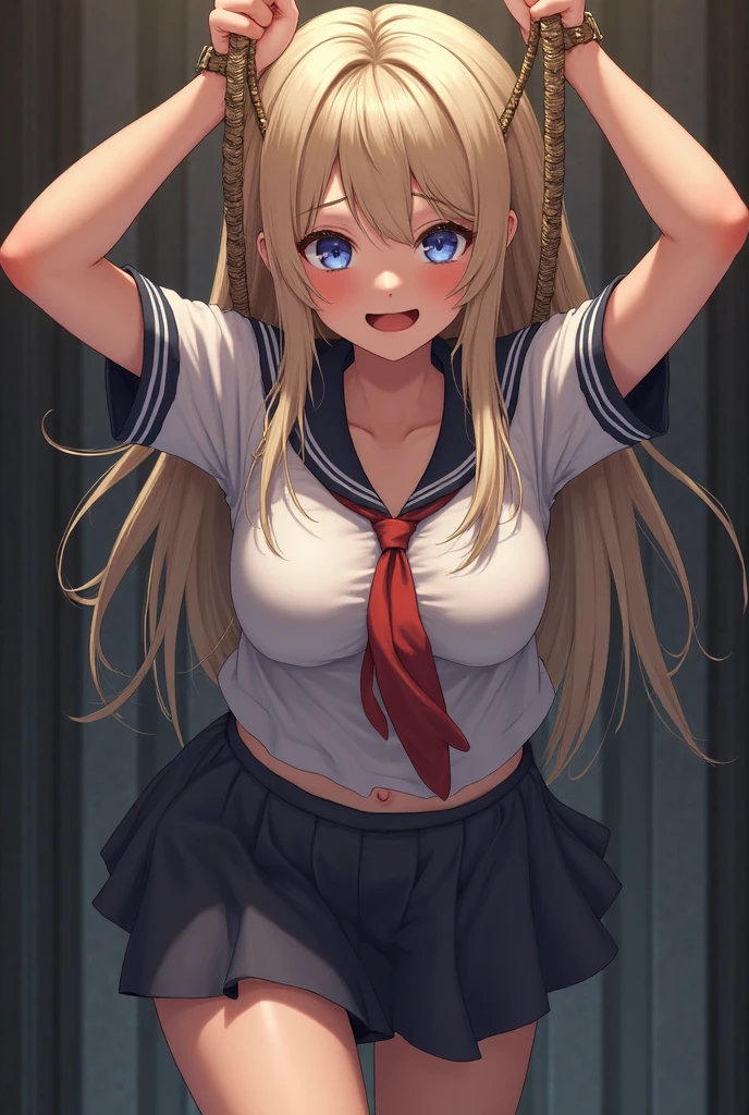 Girl　Sailor uniform、wear lift、Small breasts、Nipples、Blonde、Twin tails、Small breasts、Embarrassed、anger、School classroom