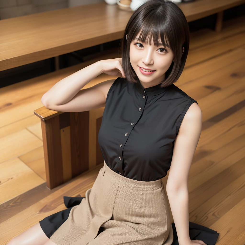 Naive 33-year-old wife、Wearing a knitted dress、(Wearing pantyhose,Realistic Pantyhose)、Sitting on a chair in an open café、Height 156 cm, slightly chubby figure、Japanese Models, Short Layer Hair、japanaese girl, Neat and clean Japan woman, goddess of Japan, Innocence、Raw photo, (in 8K、top-quality、​masterpiece:1.2)、(intricate detailes:1.4)、(Photorealsitic:1.4)、octane renderings、Complex 3D rendering ultra detail, Studio Soft Light, Rim Lights, vibrant detail, super detailing, realistic skin textures, Detail Face, Beautiful detail eyes, Very detailed CG Unity 16k wallpaper, make - up, (detailedbackground:1.2),　shinny skin、Exposed thighs!!!、