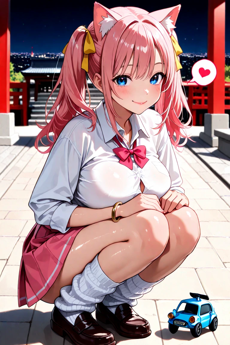 (masterpiece、highest quality、Super detailed)、((One girl))、((Pink Hair))、((Twin tails))、((Light blue eyes))、evil smile、((Grin))、Earrings、((Very large breasts))、((White collared shirt))、Short sleeve、cleavage、((Black pleated skirt))、((white baggysocks:1.2))、Loafers、sitting, knees up、Gym storeroom