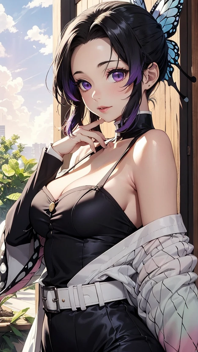 Ultra-realistic 8K CG，masterpiece，（（Ultra detailed backgrounds，delicate patterns，Complicated details）），Best quality at best，very vey very detailed face，very detailed eyes and faces，Very detailed eyes，Kochou Shinobu，O cabelo multicolorido，No bangs，hair intakes，green eye，haori，butterflys，obi strip，（trpical garden：1.2），red flower，mostly cloudy sky，rays of sunshine，Tyndall effect，Gradient_sky，the face，beautiful sky，Saber on the waist，captivating posture，（Large breasts:1.3)，（cleavage:1.3)，（Off-the-shoulder attire:1.6)
