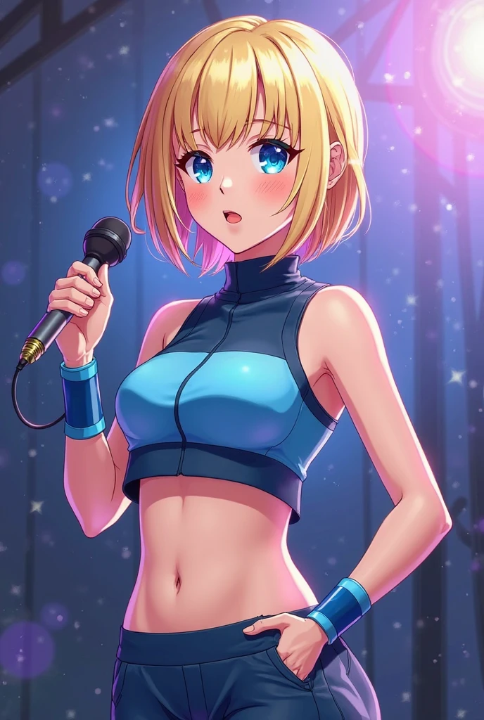 elesa \(blonde\), <lora:elesa blonde (pokemon):1> , smile, looking at viewer, stage, color lights, crowd