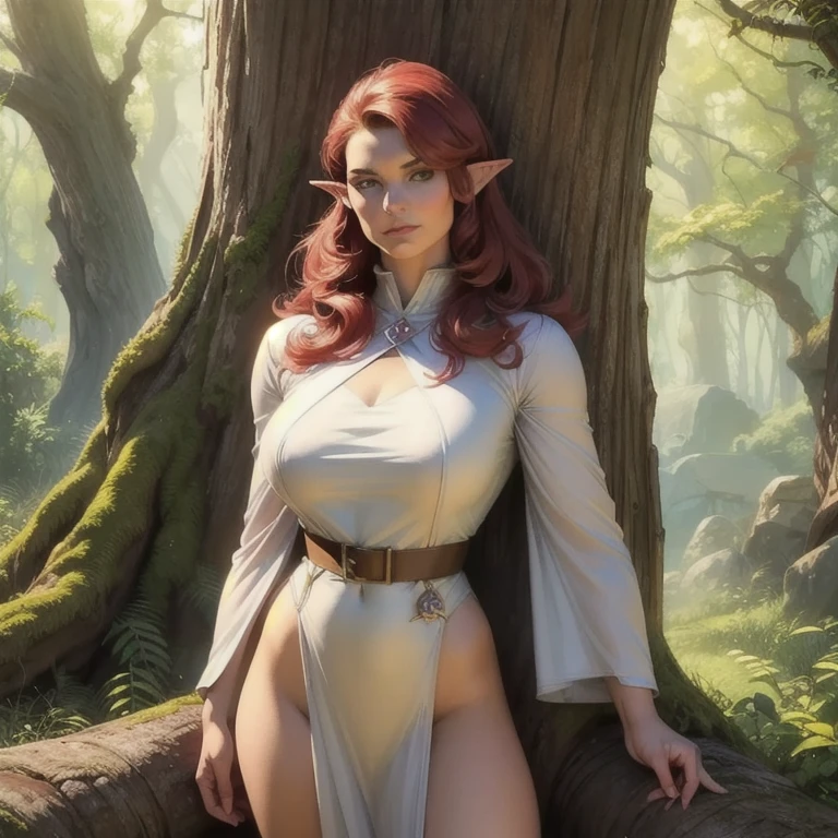 rubenesque elf, standing in a forest glade, small brook, woman, naked, cloak
