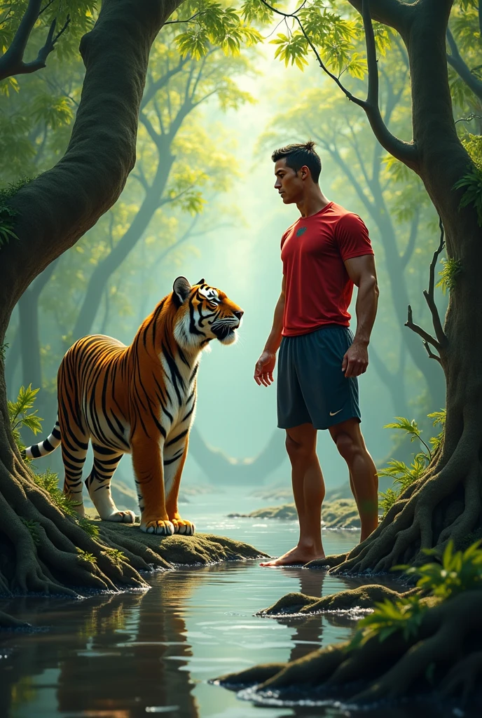 A 25 year old white man stands facing forward with neat thin hair and a sturdy body with a white tiger.