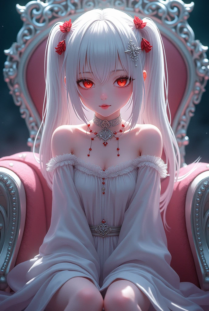 ((1girl, solo ,alone)), ((solo, 1woman, ((neferpitou, cat tail, short white hair, short messy hair, cat ears, red eyes, small bust)), woman, lipstick), Extremely detailed, ambient soft lighting, 4k, perfect eyes, a perfect face, perfect lighting, a 1girl)), ((solo, (1woman, lipstick), Extremely detailed, ambient soft lighting, 4k, perfect eyes, a perfect face, perfect lighting, a 1girl)), , ((fitness,, shapely body, athletic body, toned body)), (( pink dress, sitting in the throne, legs crossed,
