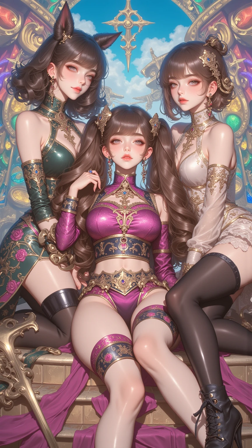 best quality, masterpiece, highres, 3 noble girls, girls trapped, lesbians, making out, kissing, intimate, seductive, snapping, shot from behind, kneeling, asian style, hanfu, white and even teeth, irises, full body shot, shot from behind, chinese women's clothing, chinese traditional dress, long dress, different colors, wearing a nightgown thin lace deep slit chest, chinese underwear, stockings, wearing stockings, all wearing stockings, lace stockings, mesh stockings with hooks on underwear, garter belt, high heels, high boots, wearing high leather boots, high latex boots, corsait, turtleneck polo lace top, choker, leash, BDSM, chains, chained, long gloves, makeup, eyes with very sharp and detailed makeup, lipstick, very long hair, ponytail, hair ornaments, necklace, jewelry, crown jewelry, Pretty face, magic import style, tyndall effect, photo realistic, border light, two tone light, (high detail skin: 1.2), 8k uhd, dslr , soft light, high quality, volumetric light, candid, Photo , high resolution, 4k, 8k, Bokeh, In the Dark: 1.6), surreal full body of women by David Hockney and Alphonse Mucha, fantasy art, photorealism, dynamic lighting, station art, posters, volumetric lighting, highly detailed faces , super 8k, Awarded, in the dark, deep shadow, low light, bust, Royal style family, Best face, Very round and tight breasts, Surreal, guweiz, (full body), (Background detail 1.8), woman in a giant octopus hammock, monster's den background, hands in tentacles, hands covered with tentacles, Tentacles, wrapped in tentacles, covered with tentacles, gross tentacles, discusting tentacles, covered in slime, sweating, around the tentacles, some tentacles are touching her, tentacles, tentacle monsters, tentacles, slime, hybridization, mating, snapping, damp black translucent mucus, squirming tentacles, sucking tentacle, eating tentacle, sucks octopus tentacle