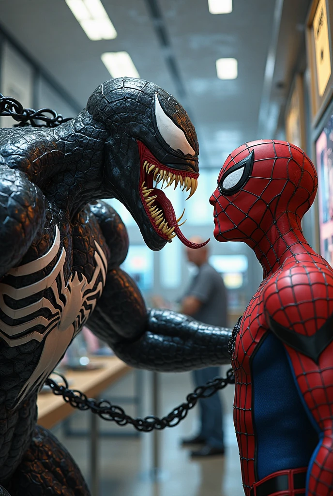 Imagine Tom Holland's Spider-Man, dressed in his new suit, looking at your reflection in a window or mirror. However, Instead of seeing his usual outfit, The reflection shows a version of himself completely covered by the Venom symbiote.. The symbiote envelops its body in a dark black, with white details protruding from the hands and the spider symbol on his chest. Spider-Man's suit eyes are now sharper and more menacing, and a feeling of unease seems to emanate from the reflection. The image captures Peter Parker's moment of confusion and fear as he realizes what could be happening.