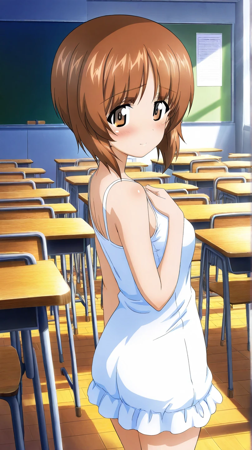 EruzaNakanishi, high quality, high resolution, 1girl, brown eyes, short hair, brown hair, Smile, solo, unbuttonned school shirt, nipples, nipple slip, areola slip,