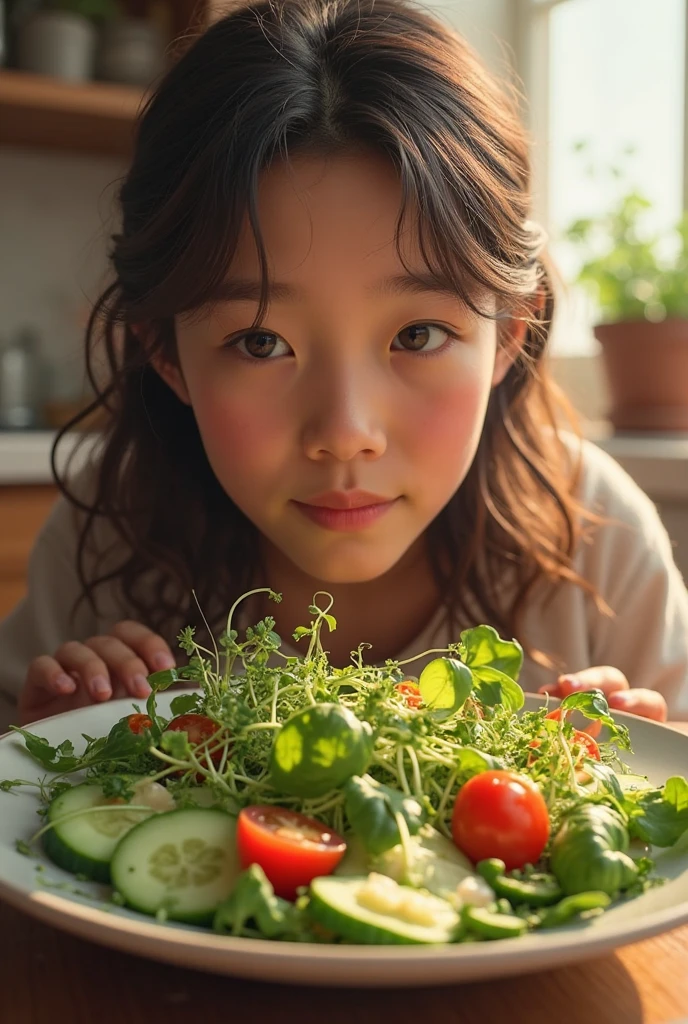 Alice, a three year old girl with curly hair, radiant dark skin and a charming smile that lights up any room. Put her in the kitchen of a house making a bad face with her arms crossed and a plate of broccoli in front of Alice