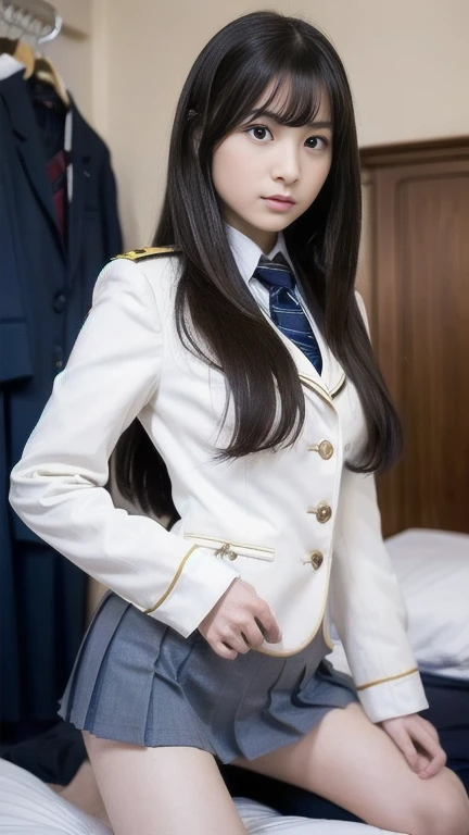 1girl hair ornament
necktie white skirt uniform white thighhighs