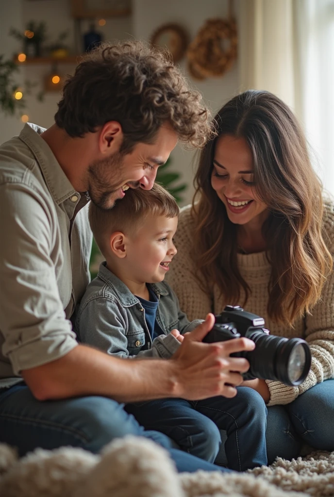 Cristiano Ronaldo interacting with his children at home, showing them how to use a camera for vlogging. They are laughing and having fun, with a cozy, warm family atmosphere in dall e-3 style