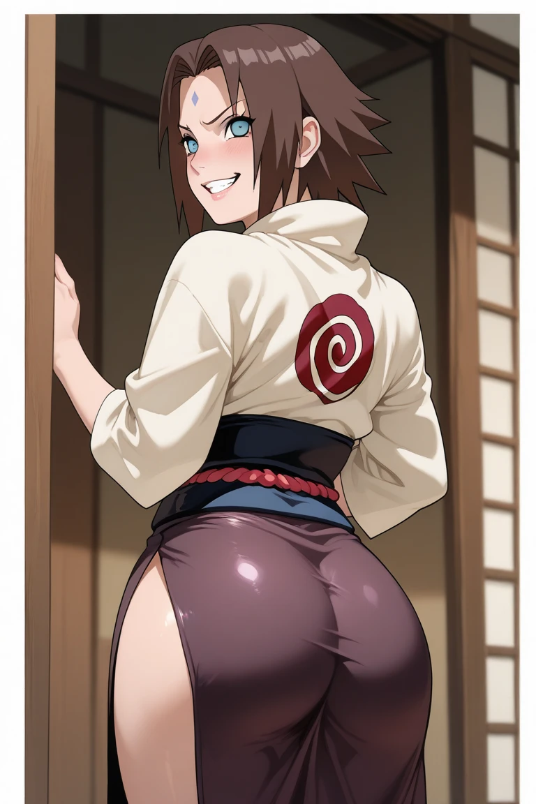 Huge butt, emphasizing butt, small breasts, pose emphasizing anus, thick hair, pubic hair, kimono, long straight black hair, young girl, protruding nipples, beautiful girl, ahegao, massive bukkake on butt, turning around, squatting, girl seen from floor,Squirting from below