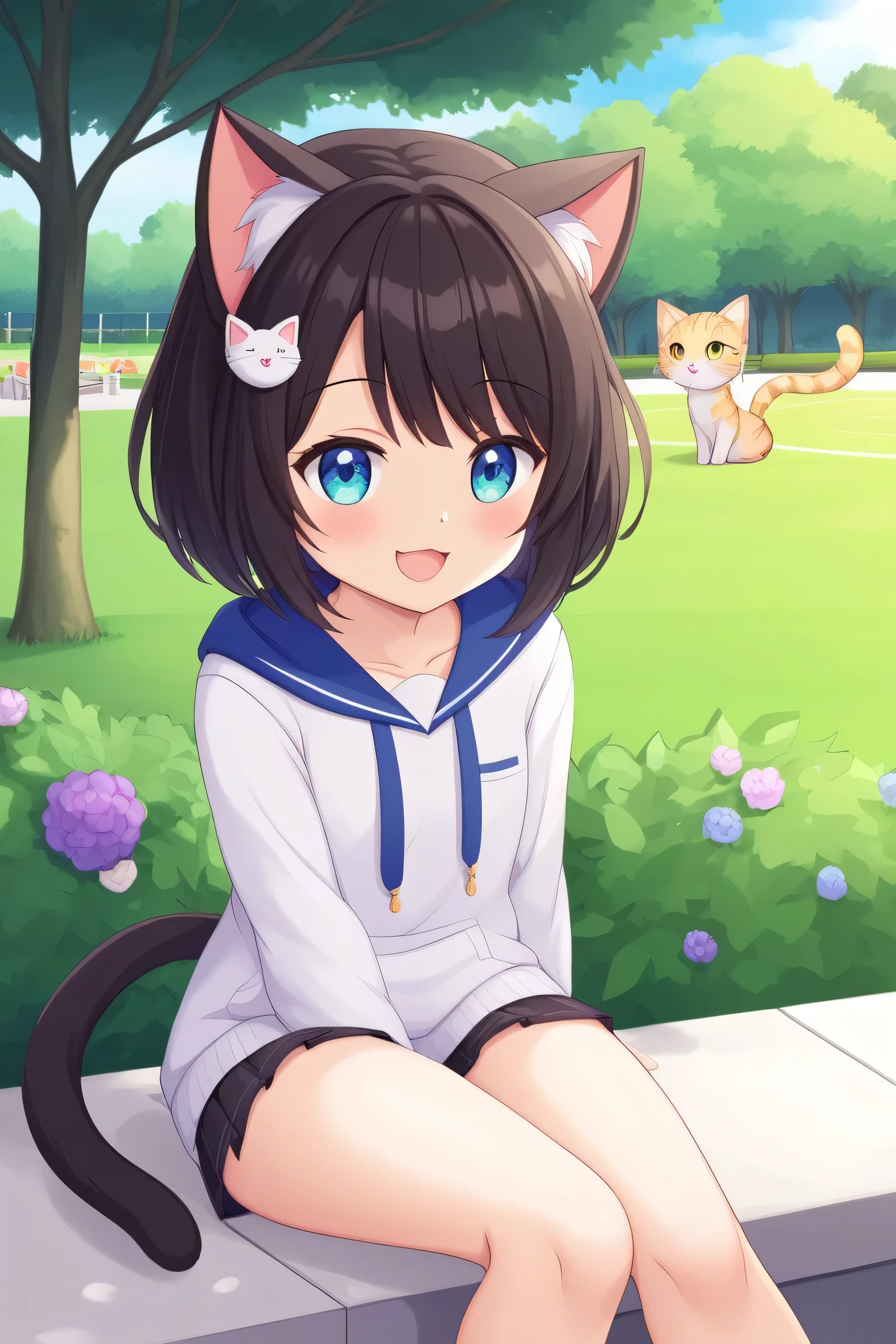 one person、cute、sitting in a park where hydrangeas are blooming。There's a cat next door。