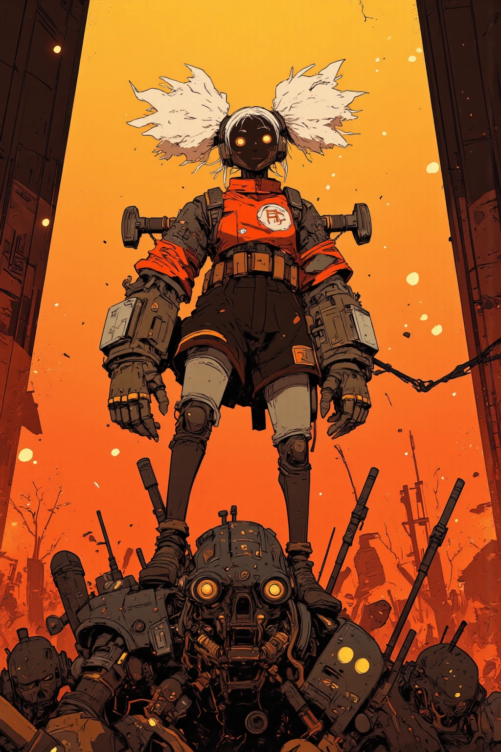 with a wacky and surreal twin-tail empire cyborg female soldier character,Stand on top of machine soldiers,completely mechanical appearance,Eerie Glowing Eyes ,Mecha Army,Tall,hairstyle is twin tail,The character has a mechanical appearance,The hands and feet look like metal bars with joints A twin-tailed toy poodle wearing a costume that looks like a、joints with golden spherical tips,The costume、bold red and black color scheme reminiscent of a soldier,symbol mark imitating twin tails,Offbeat Charm,unique contrast,twin tail soldier with bright white hair、On top of that, commander is standing in a dynamic pose、riding on a machine soldier's shoulder,Surprising Fantasy Elements,in the background, Sparkling Gradations,bright white haired twin tail soldier,stage-like atmosphere,that attracts viewers' curiosity and interest, Retro Animated Stills, retro animated movie screenshots that will capture viewers' curiosity and interest, Lo-Fi Art Style, aesthetic sense of 90s anime, dreamy psychedelic retro anime