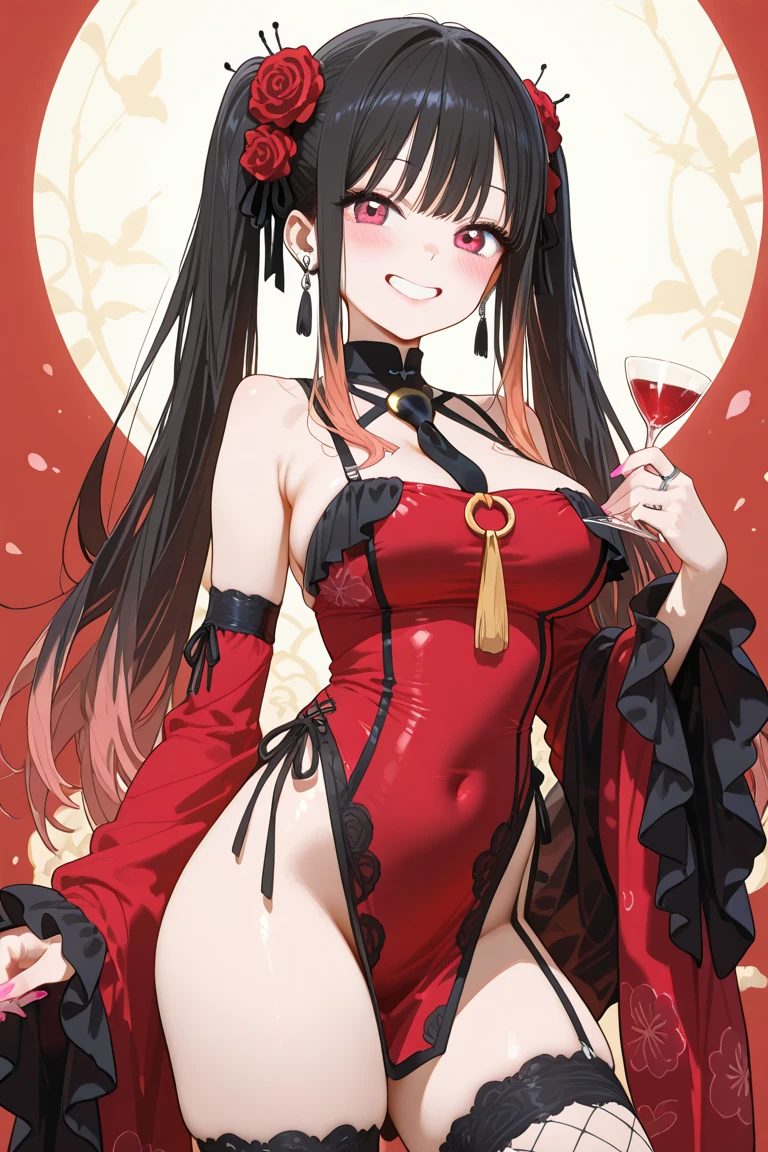 Mature beautiful woman,(Highest quality,Extremely detailed depiction,Incredibly absurd high resolution,Anatomically accurate depiction,Curvy Legs),(Glowing Skin,Shiny skin),(Royal suit,Butler-style outfit,Tight fit),eyelash,Flashy makeup,eye shadow,Glowing pink eyes,Half-closed eyes 1.3,There is cleavage in the chest,Glossy red lipstick,Shadowed face,A seductive smile,whole body,Standing posture,Holding a glass tulip in her hand:1.5