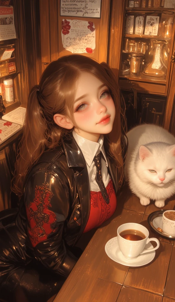 Beautiful girl drinking tea in a café in the sun through the trees、Absent-minded、Behind the street trees, the king of cats is forming a procession、
