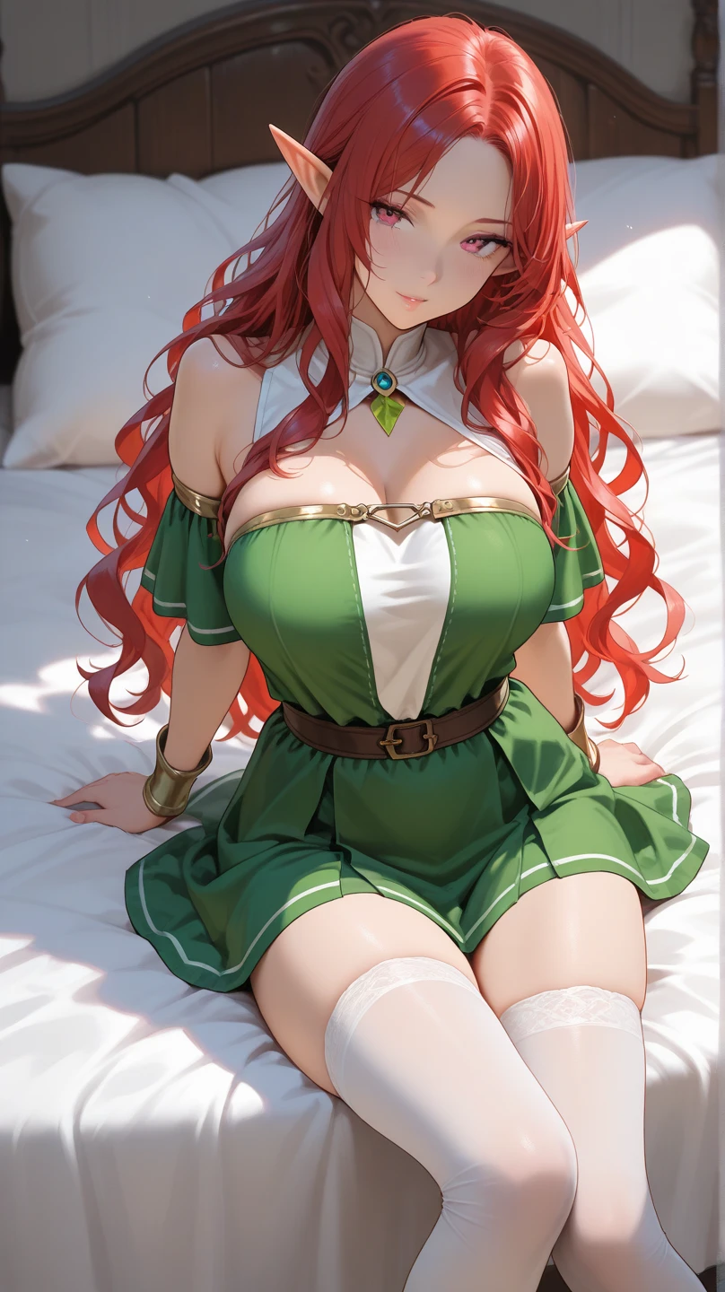 (Masterpiece - Ultra-Detailed, High Resolution) Prepare to be enchanted by a true masterpiece that combines ultra-detailed art with high-resolution rendering. This work shows a mesmerizing and sexy young elf with very large breasts and red hair. Green eyes, transparent white dress,  laying in the bed. Get ready to dive into a world where beauty and craftsmanship merge perfectly.
