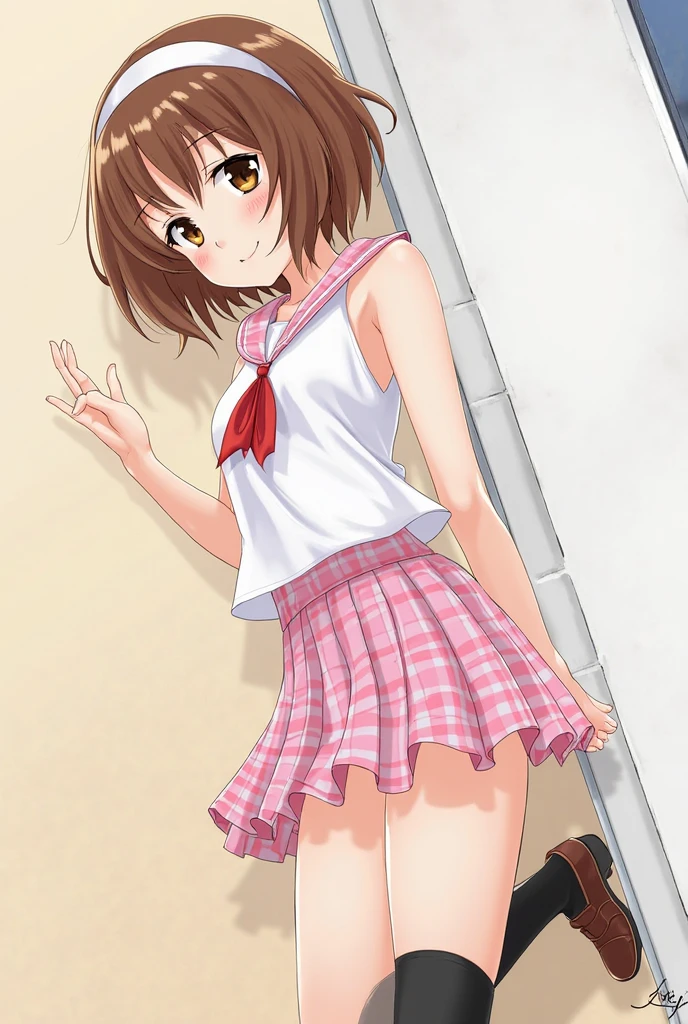 (masterpiece:1.5), illustration, 4k, 8k, (high quality:1.1), highly detailed, detailed face, highly detailed eyes, HDR, vivid colors, <lora:denhijou_niki:1>, denhijou_niki, misakamitoko0903, 1 girl, misaka mikoto, brown eyes, dress, (navel:0.7), leaning, cute clothes, hair pin