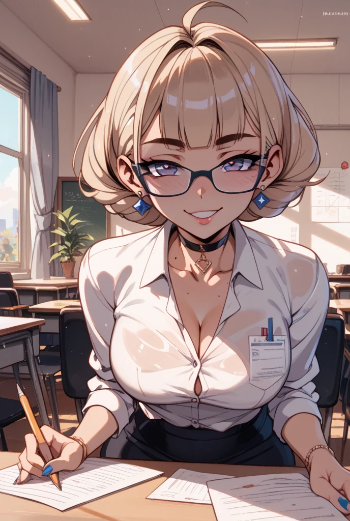 In the classroom,The teacher is lecturing the students,Gray-haired old teacher,Asian people,wears glasses,closeup cleavage,sharp focus on eyes,8K,super-fine,oil painted,Hyper-realistic,best qualtiy