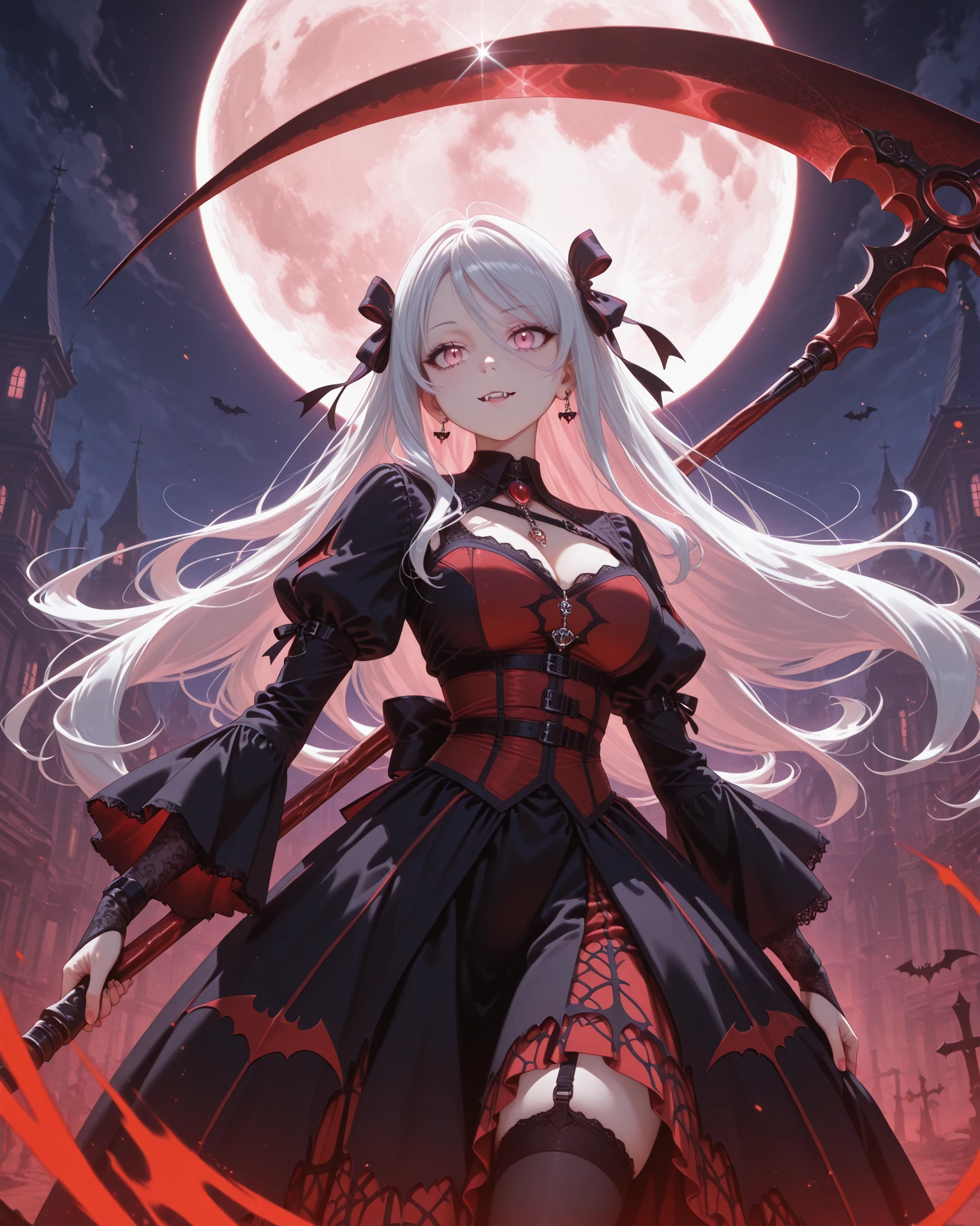 Midnight Cemetery、dawn、Red full moon、darkRedVampire、red and black bat、Red rain、Batware、Put on the bat、Bat Costume、Gothic Dress、Black and white parasol、Fascinating美しさ、Fascinating、Black Rose、skull、Red eyes、八重teeth、teeth、Unnaturally pale skin、Black gloves, (Blood splatter:1.5)