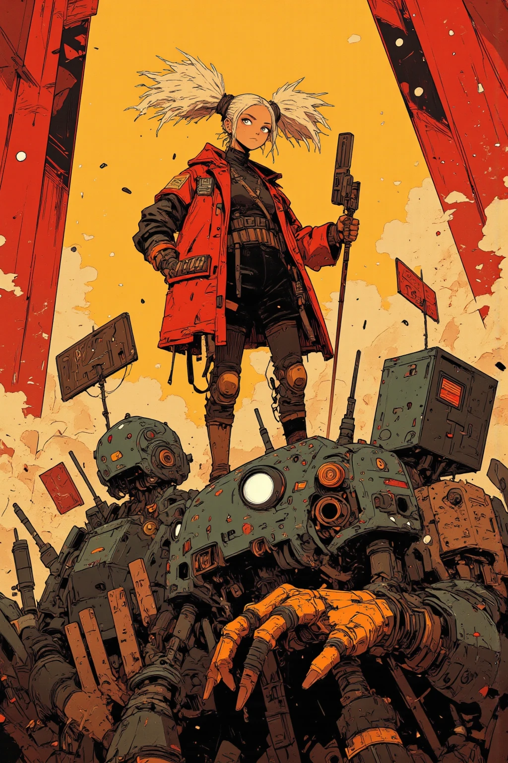 with a wacky and surreal twin-tail empire cyborg female soldier character,Stand on top of machine soldiers,completely mechanical appearance,Eerie Glowing Eyes ,Mecha Army,Tall,hairstyle is twin tail,The character has a mechanical appearance,The hands and feet look like metal bars with joints A twin-tailed toy poodle wearing a costume that looks like a、joints with golden spherical tips,The costume、bold red and black color scheme reminiscent of a soldier,symbol mark imitating twin tails,Offbeat Charm,unique contrast,twin tail soldier with bright white hair、On top of that, commander is standing in a dynamic pose、riding on a machine soldier's shoulder,Surprising Fantasy Elements,in the background, Sparkling Gradations,bright white haired twin tail soldier,stage-like atmosphere,that attracts viewers' curiosity and interest, Retro Animated Stills, retro animated movie screenshots that will capture viewers' curiosity and interest, Lo-Fi Art Style, aesthetic sense of 90s anime, dreamy psychedelic retro anime