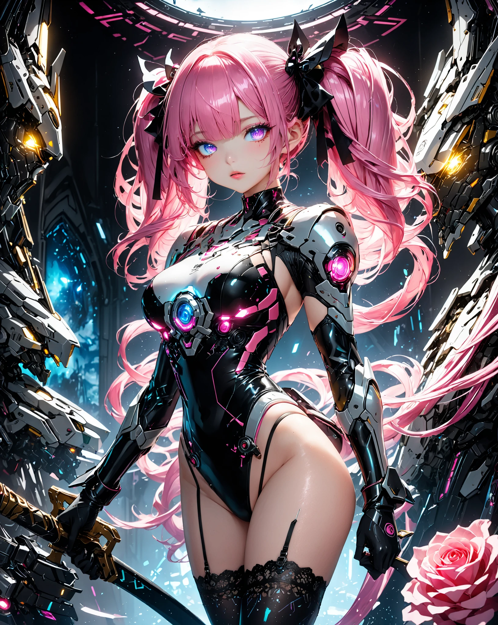 La mejor calidad, obra maestra, Altas Resoluciones, por void, Alchemy Stars Full Body Character Illustration, color impresionante, Tonos radiantes, The best lighting and shade, ultra detallado, Amazing illustration, un extremadamente delicado y hermoso, chica pelirroja\(cyberpunk\), 1girl, solamente, red sclera, ojo artificial, cabello rojo, ojos rosas, mirando al espectador, camisa, colored sclera