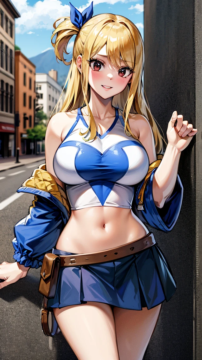 (((ashleyfires)))), Android 18 cosplay, (amaerican porn star), Unmatched masterpiece, ultra realista 8k CG, perfect work of art, (1girl: 1.1), solo, ((perfect female figure)), (nsfw), gazing at viewer, mature woman, Bimbo (android 18) standingn, (teasing), best qualityer:1.1, seductive posture, pose sexy, seductiv, (pretty), (curvilinear), (big), hair blonde, (blue colored eyes:1.2), shorth hair, earrings, jewelly, denim dress, open vest, Black pantyhosebloom, black jersey, denim skirt, striped long sleeve, blue skirt, turned legs, fit, (abs:1.1), (big butts:1.4), peach ass, (athletic body:1.2), (bountiful breasts:1.3, (big_breasts: 1.1), Broad Hips: 1.5, narrow waisted, Waist slender: 1.5, slenderbody: 1.2, coxas bigs: 1.3), (shining skin: 1.2), (hdr), (Street: 1.2), film Nikon D850 photography Kodak Portra Lens f1.400 camera 6, rich colors, realistic texture, lighting dramatic, unreal mechanism, trending on ArtStation, of Gerald Brom, de Frank Frazetta, by Luis Royo, the Julie Bell, by Boris Vallejo