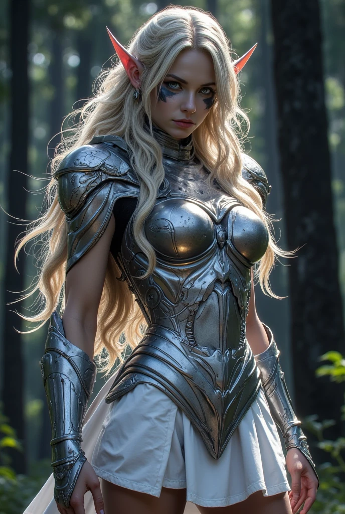 (medium full shot) of (lovely young woman:1.1) demon, french with curly blonde hair, bright green eyes, light skin, petite, wearing Metallic silver armor featuring a sleek breastplate, metallic pants, thigh-high boots, spiked pauldrons, and flowing cloak, helm fashioned from the skull of a fallen foe, Jagged wings adorned with jagged spikes and veined with eerie patterns, clutching a staff wreathed in dark energy, smiling at the viewer, making a superhero landing pose, .set in public park, Botanical Garden, Lush garden with labeled plant species, winding pathways, benches for contemplation, shaded pergolas, and decorative sculptures . ,Masterpiece,best quality, photorealistic, amazing quality, very aesthetic, extremely detailed face,