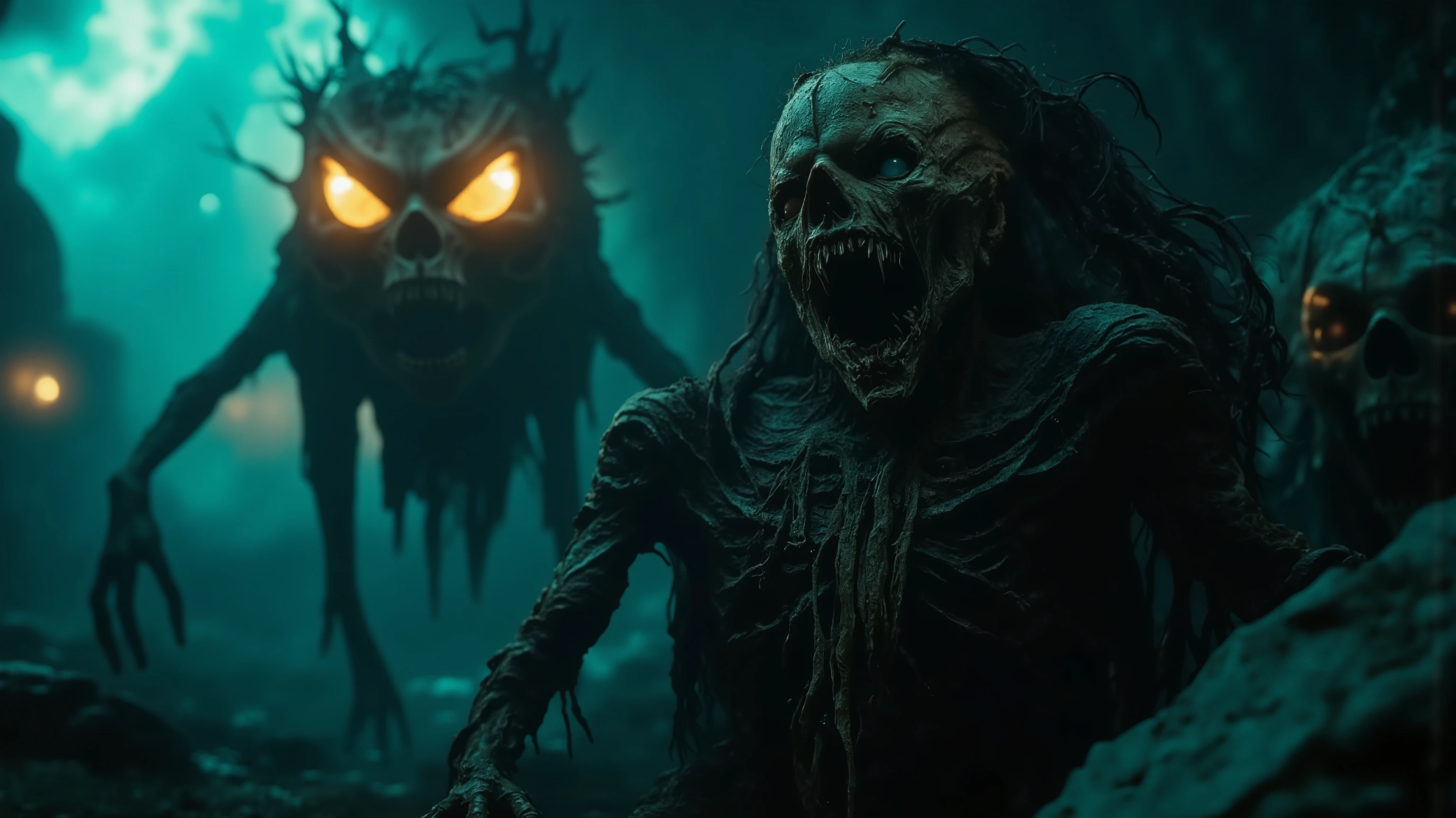 A mysterious figure is pictured with long, tendril-like pieces of matted hair. The scene is bathed in an eerie teal glow, adding to the ethereal atmosphere. The figure's skin is a pale, muted color, contrasting with the vibrant background. Fingers are very elongated and slightly curled, giving an impression of a reaching gesture. The lighting accentuates the texture of the figure’s skin, highlighting a series of intricate, organic patterns across its surface. In the background, two floating, bioluminescent entities with otherworldly glowing skull-like faces add to the surreal and unsettling mood of the composition. The scene evokes a sense of the unknown, capturing the viewer's attention with its strange, dreamlike qualities and the soft, diffused light that casts subtle shadows and illuminates the foreground. Ultra-realistic, photo-realistic, ultra-detailed, physically-based rendering, spooky, scary, startling, bizarre, creepy creepstyle, strange station, wired weirdcore, backward reflections, macabre, dark fantasy art, surreal elements, hypersensual, provocative,graphic, explicit, disturbing content, cinematic photography, cinematic portrait, hyperrealism, sensual suggestions,unsettling atmosphere, masterpiece