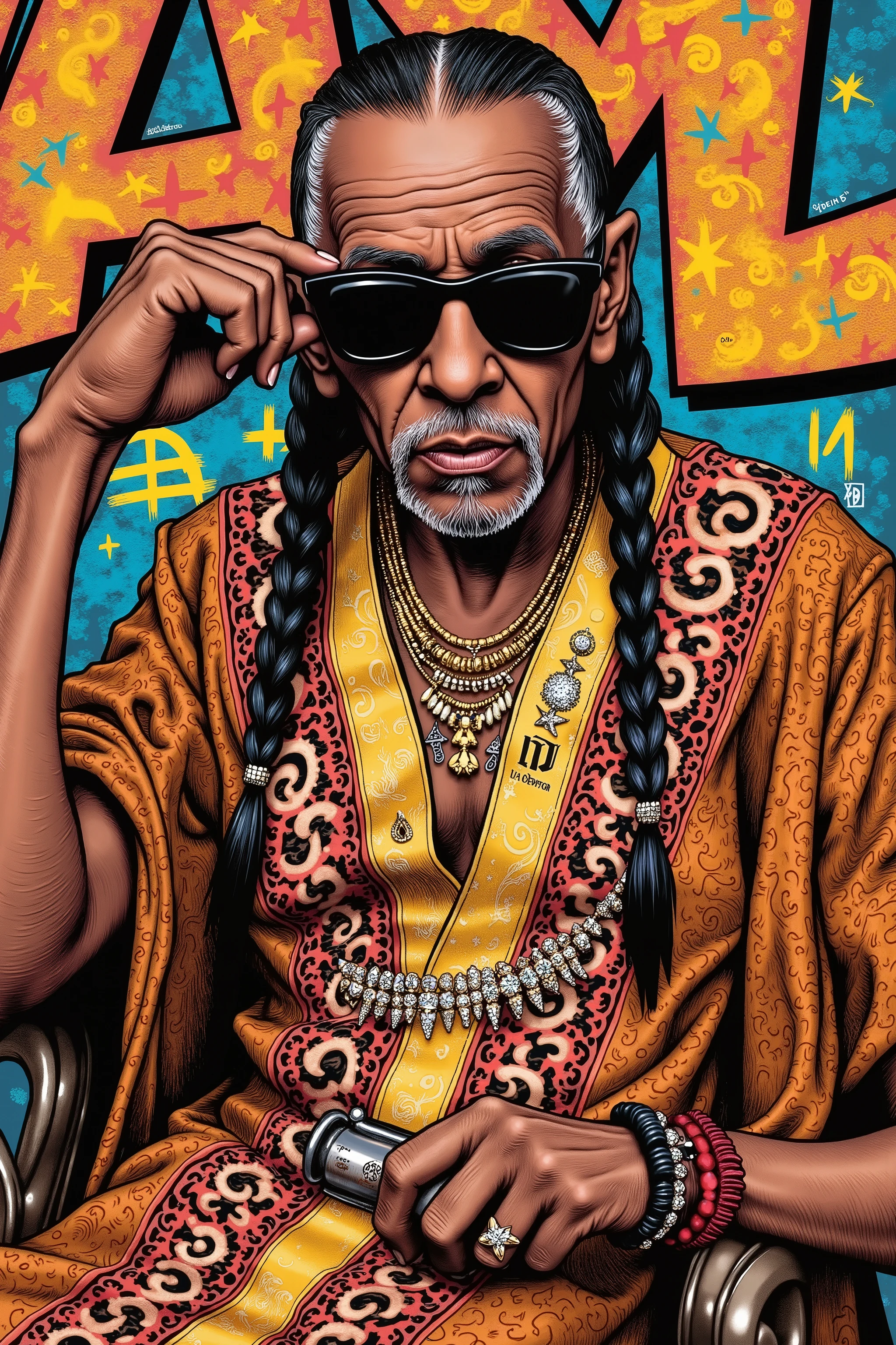 1 black old man,wearing sunglasses,(Braided low twintails),wearing robe,bling-bling,Graffiti Art background,hiphop fashion and culture,