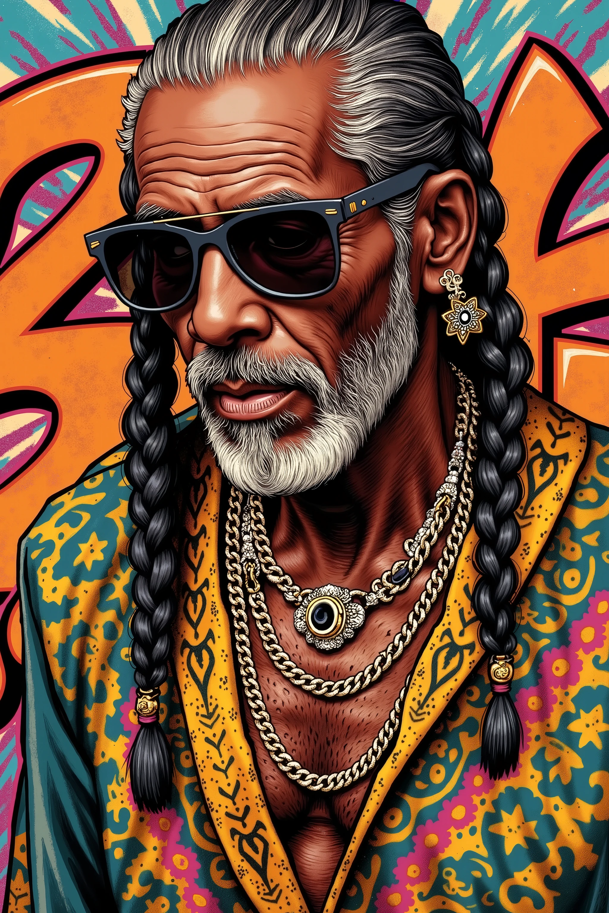 1 black old man,wearing sunglasses,(Braided low twintails),wearing robe,bling-bling,Graffiti Art background,hiphop fashion and culture,