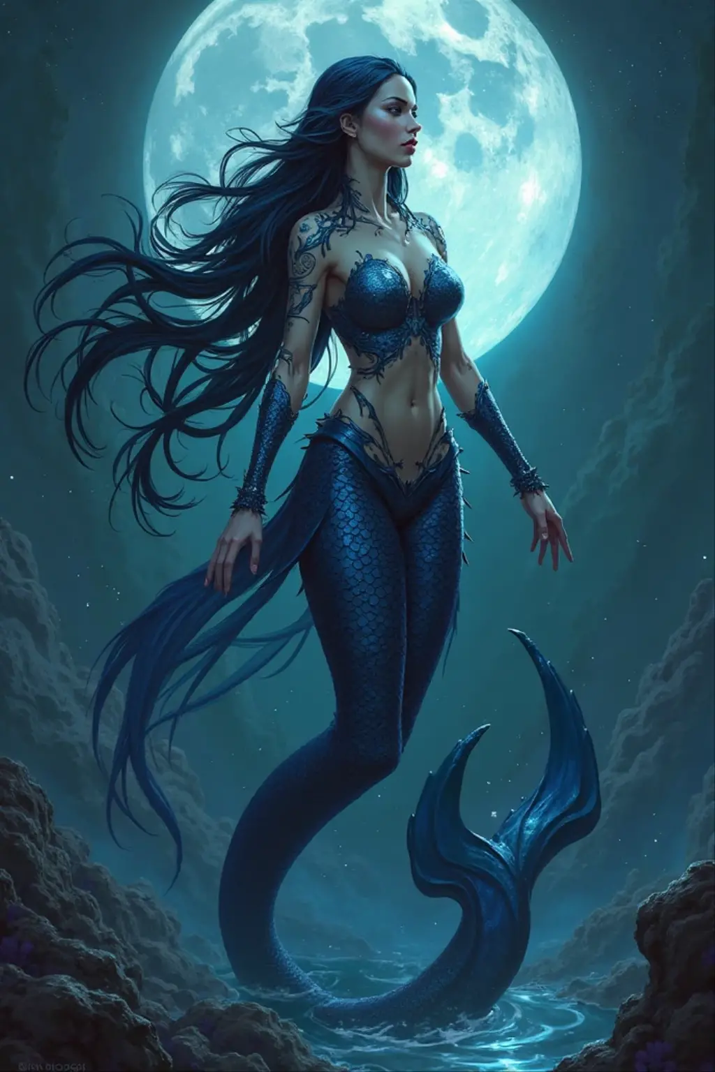 A mermaid with beautiful long hair is flying in the deep sea, this painting is taken from the ancient Chinese Shan Hai Jing. She looks like a fish with a human head and four legs. It looks like aquatic creatures such as salamanders, giant salamanders, eels, catfish, etc. She looks like a human, covered with scales, closer to a hybrid of human and animal. This is a dark fantasy artwork in the style of Jeremy Mann, with cinematic lighting, different dynamic poses, different visual angles, deep black shadows, complex details, high resolution, high contrast, bright colors, surrealism, super details, ultra high definition pictures, 8K, high details, ultra high quality, detail shooting, photography, close-up, realism, surrealism, photorealistic rendering