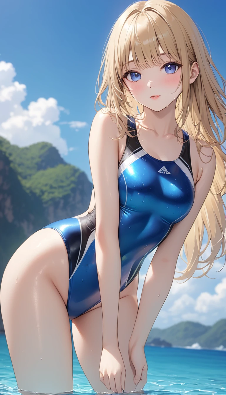 1girl、(((best quality)), ((masterpiece)), (details), masterpiece, best quality, high quality, ulutra detailed, perfect face, ((1girl, blond eyes, tiger ears: 1.3 blond long hair: 2.5,Mole under left eye：2.0))、Shiny Hair、Glowing Skin、Lustful look、Large breasts、Lie face down on a surfboard、surfing、smile、Rash guard、Shorts swimsuit、Ocean、Ocean上、