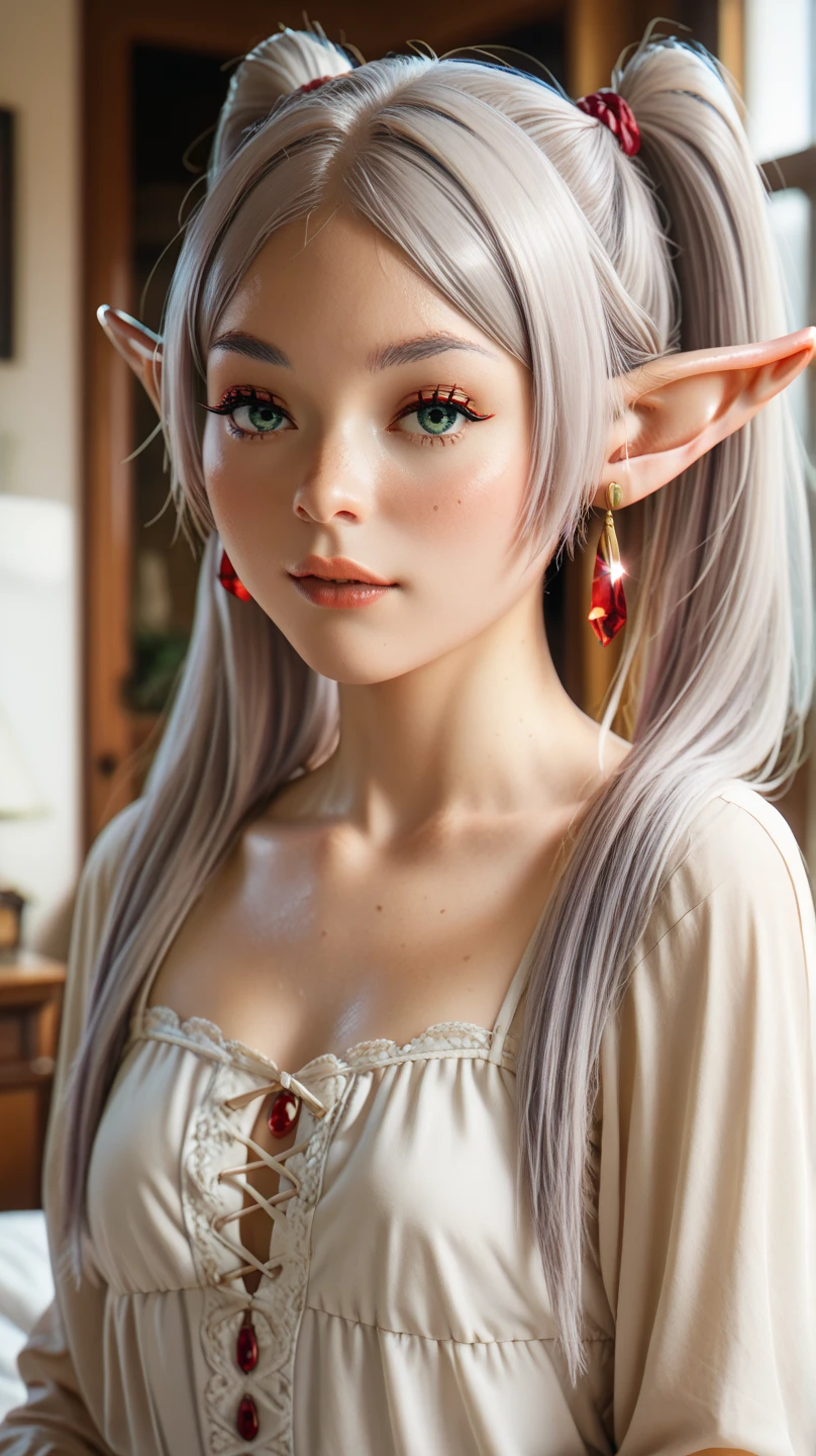 (masterpiece), best quality, expressive eyes, perfect face, long hair, twintails, green eyes, grey hair, gray eyebrows, pointy ears, elf, earrings, (nude), (full body), (1girl)