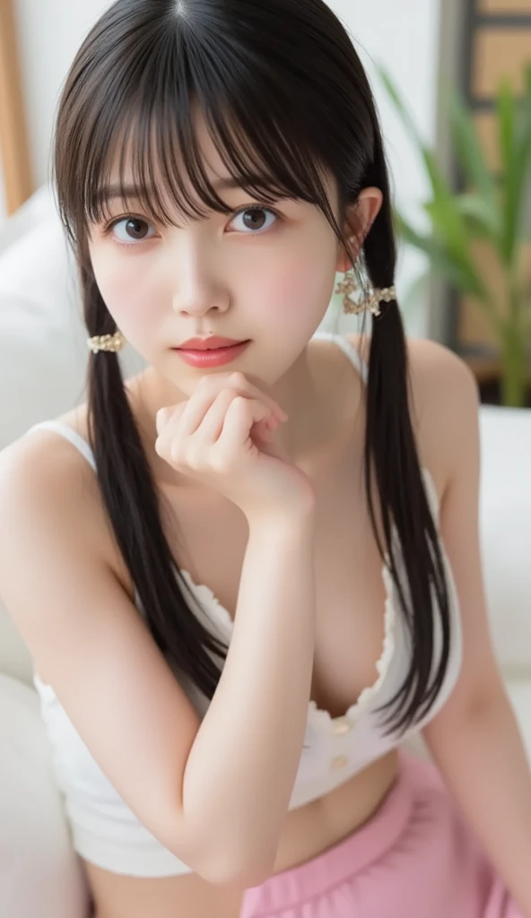 bikini,short shorts,,(open mouth:1.5),(tongue out:2),lying,overhead shot,side view,face focus,(1girl,Beautiful 14 year old girl,teenager),((Slender,Small breasts,Small face,)),(looking at viewer),Black Hair,bangs,one side up,Beautiful and detailed,(Dimly lit room:1.5),White bed,pillow,Mischievous smile
