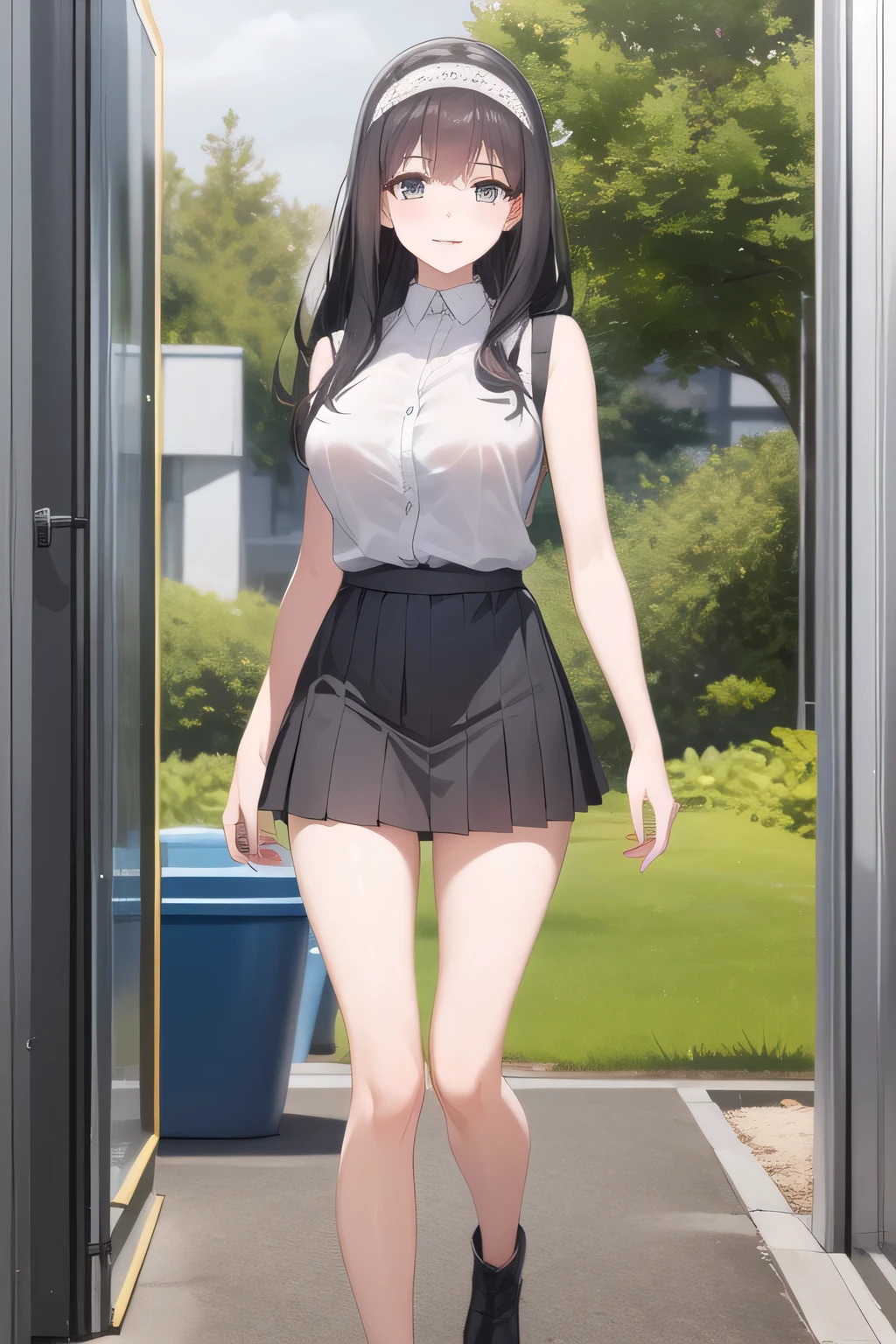 Full color CG depicting a smiling adorable woman bathing in the woods,long black hair,white hair band,,pleated miniskirtミニスカート,accurate hand and foot expressions,my nipples are sharp、、getting wet in the rain, It becomes transparent ,I definitely need the face of,dark blue pleated skirt,Please draw her expression more delicately,Walking Alone, city tour ,,(((She's an ordinary tourist))), ,(Let's draw a more delicate look),(sleeveless wool sweater),( pleated miniskirt,white panties next to urinal),(One person is enough for that job , Imagine an attractive 20-year-old woman jumping off her uniform, , Big breasts, thin waist , , ,