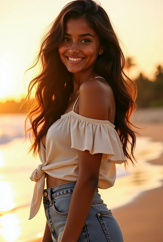 Brunette girl, wavy black hair, tanned dark skin, wearing a low-cut blouse from a famous brand, she must be facing the observer, has a beautiful smile, Brazilian woman around 25 years old, shows her from the waist up,