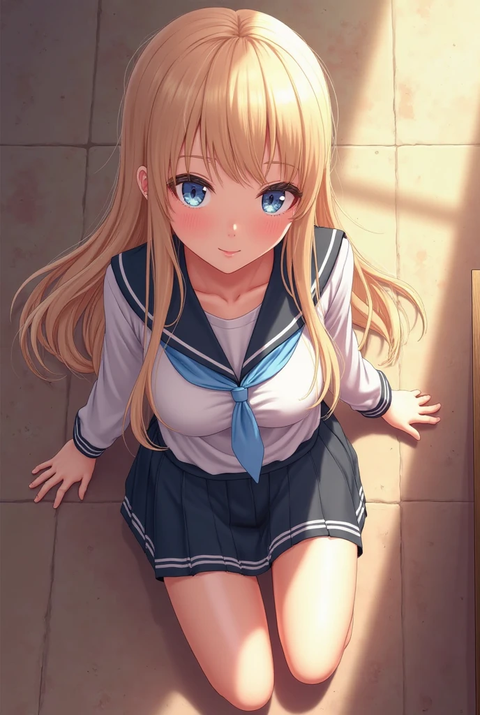 1girl in,  a blond,  hi-school girl、school classrooms、Put your hands behind your head、Spread your legs apart、top-quality、lighting like a movie、Frustrated face、Wearing sweat、full of sweat、Eyes from below、